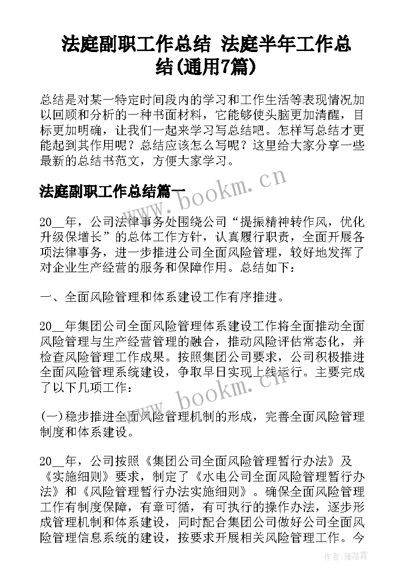 法庭副职工作总结 法庭半年工作总结(通用7篇)