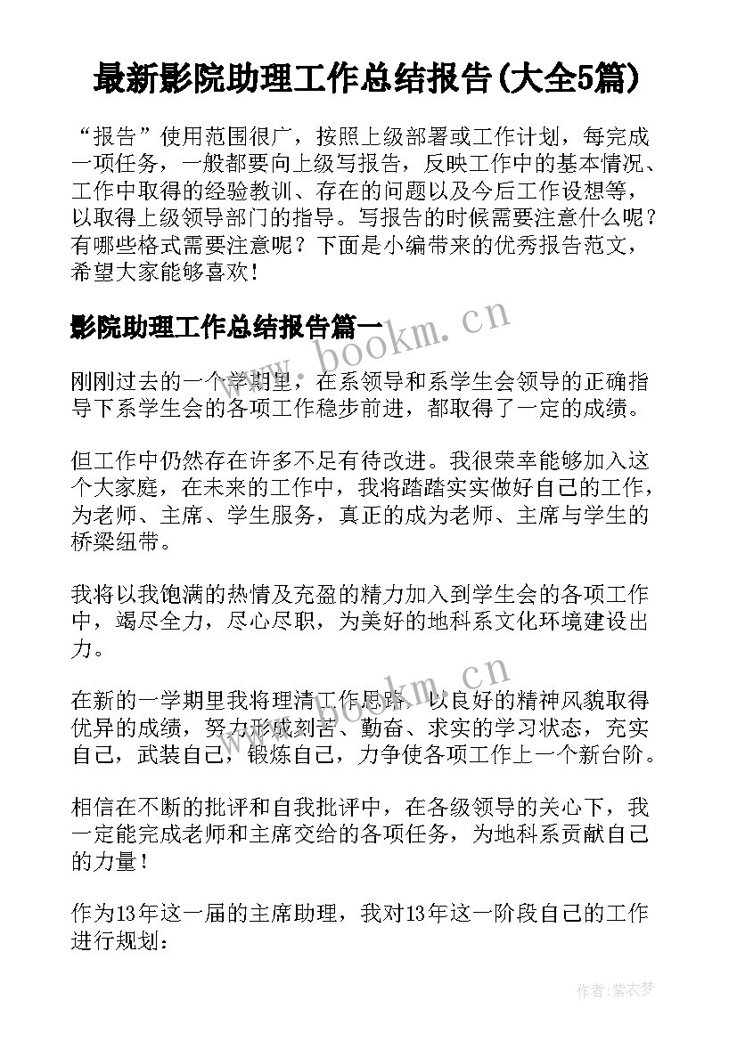 最新影院助理工作总结报告(大全5篇)