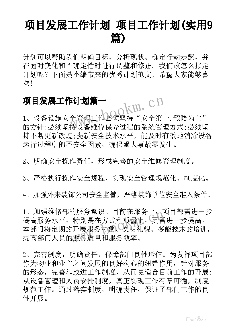 项目发展工作计划 项目工作计划(实用9篇)