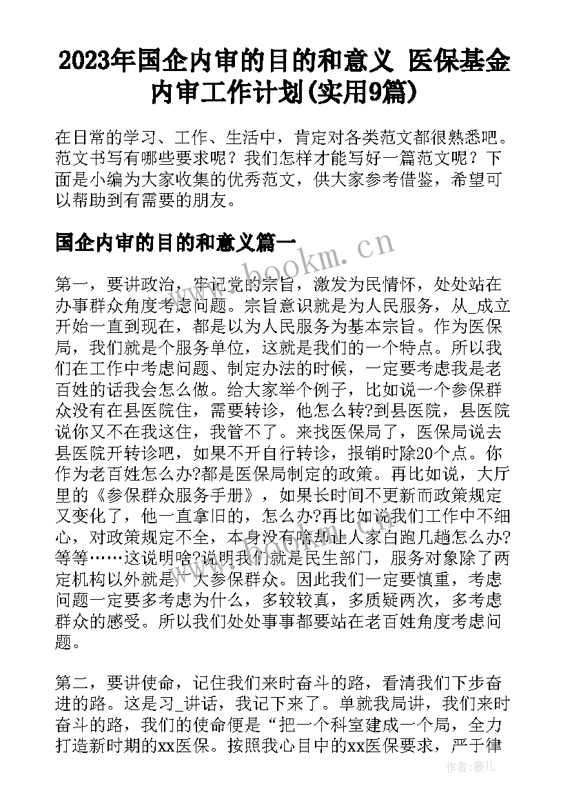 2023年国企内审的目的和意义 医保基金内审工作计划(实用9篇)