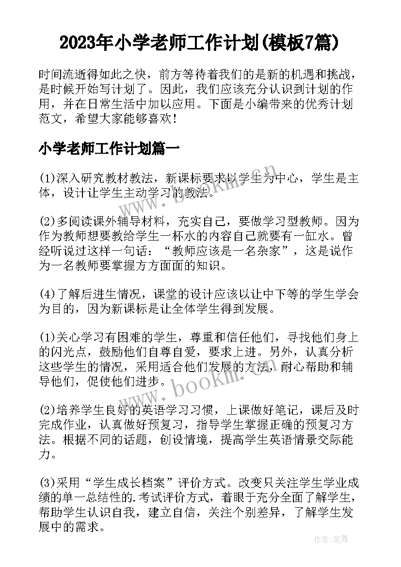 2023年小学老师工作计划(模板7篇)