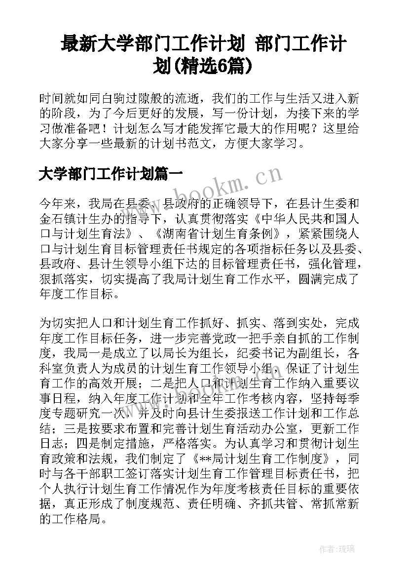 最新大学部门工作计划 部门工作计划(精选6篇)