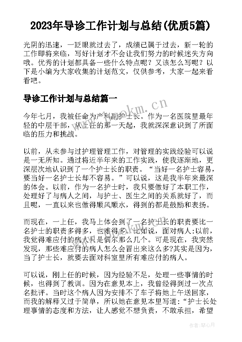 2023年导诊工作计划与总结(优质5篇)