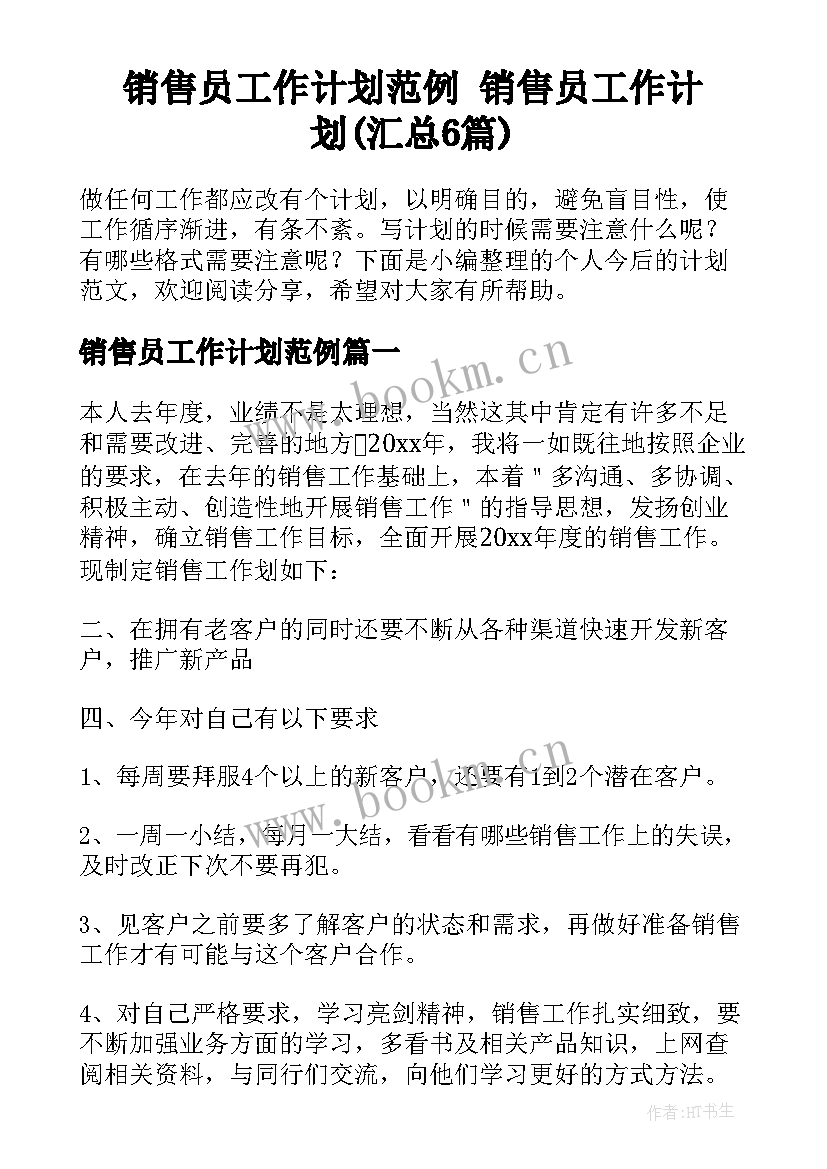 销售员工作计划范例 销售员工作计划(汇总6篇)