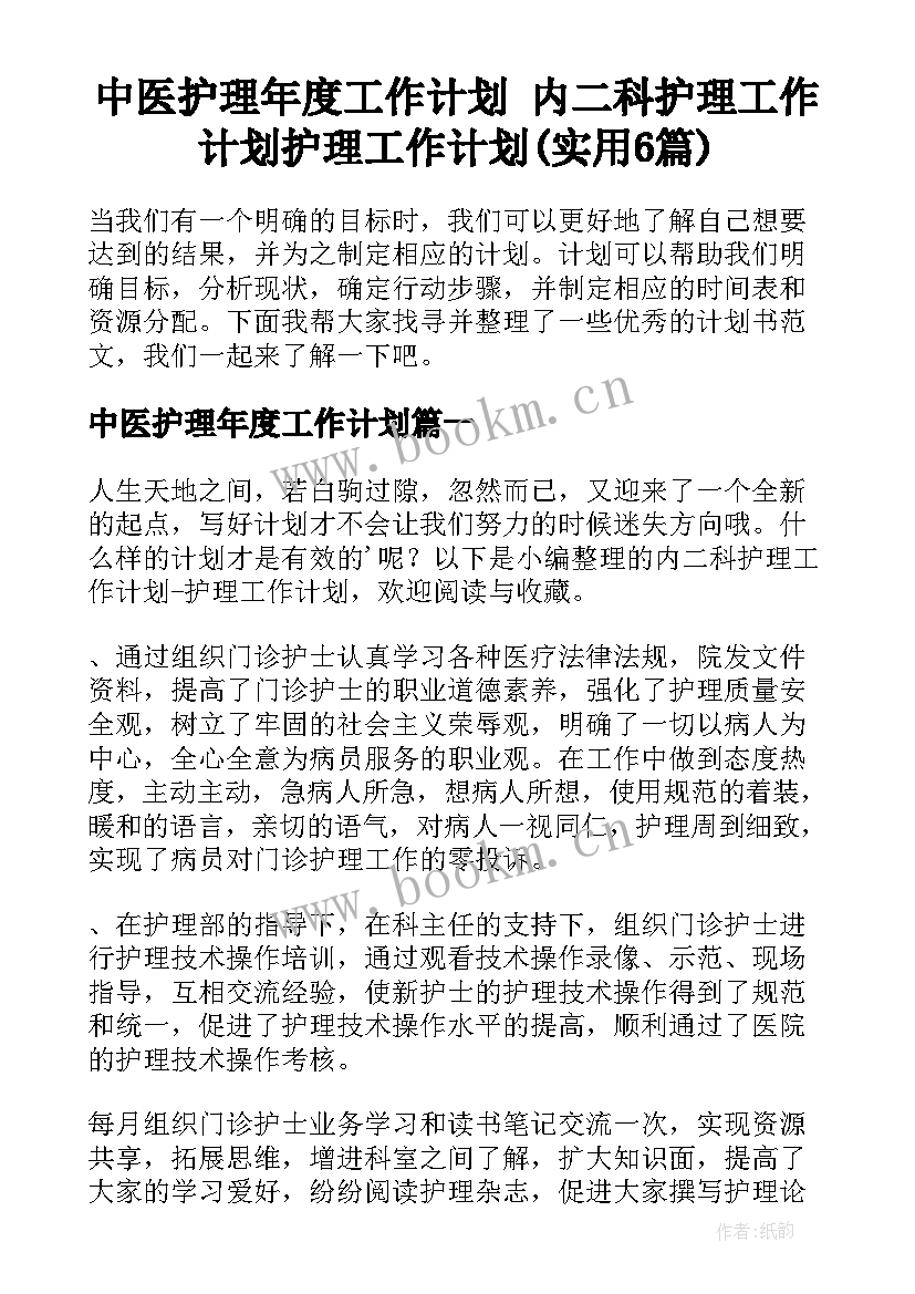 中医护理年度工作计划 内二科护理工作计划护理工作计划(实用6篇)