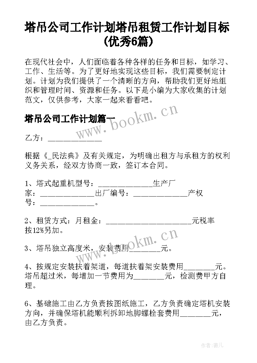 塔吊公司工作计划 塔吊租赁工作计划目标(优秀6篇)