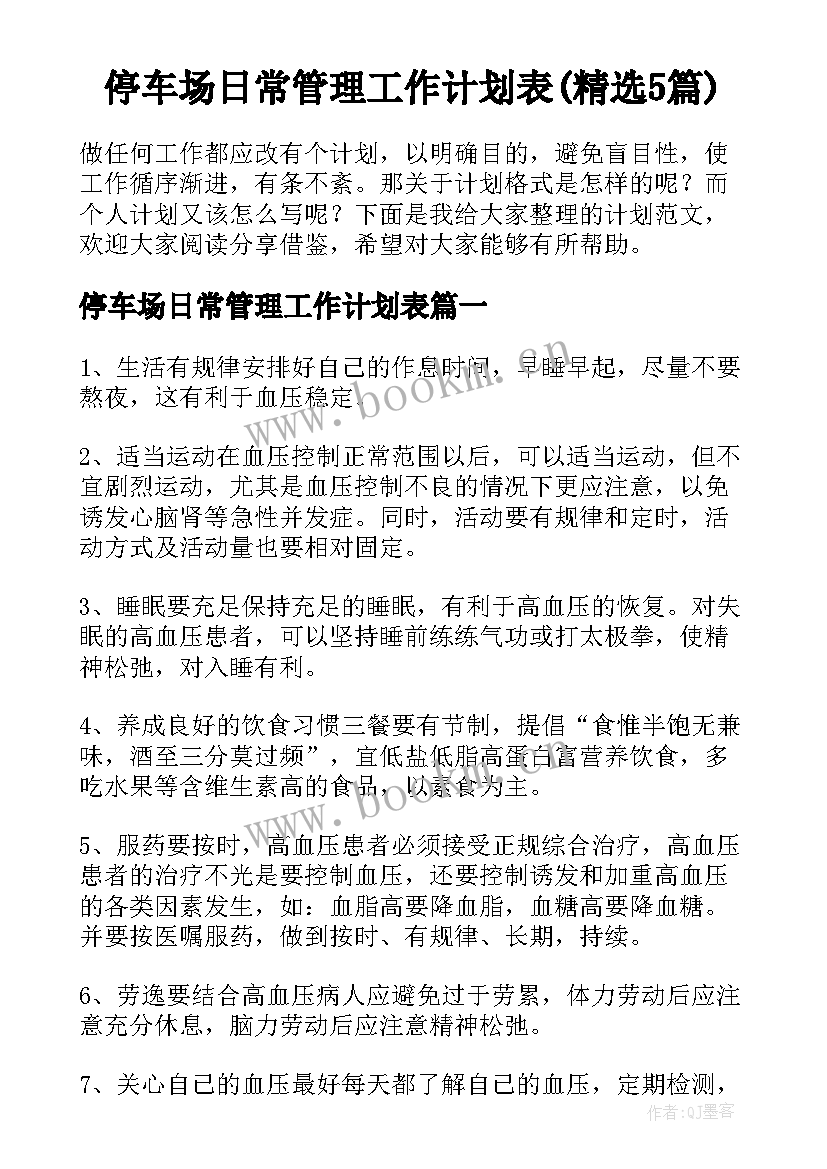 停车场日常管理工作计划表(精选5篇)