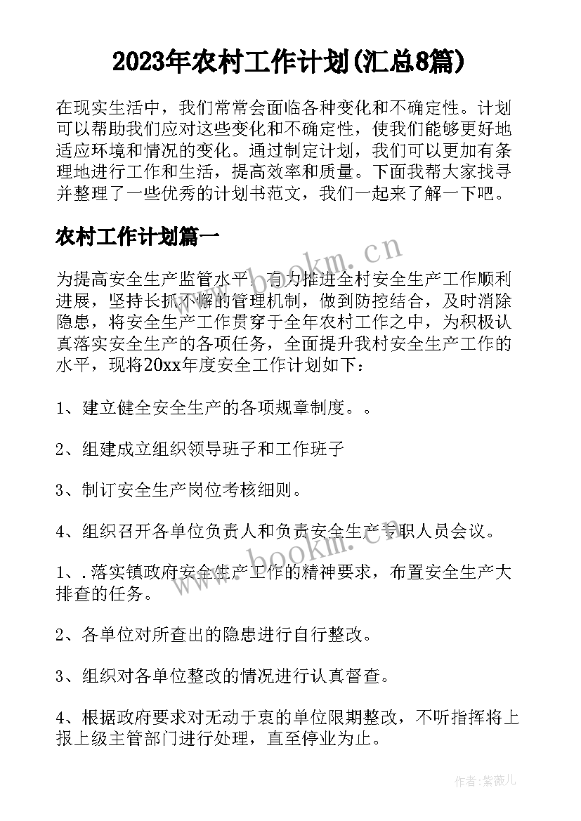 2023年农村工作计划(汇总8篇)