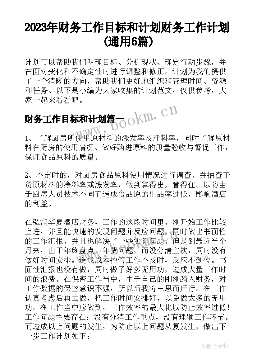 2023年财务工作目标和计划 财务工作计划(通用6篇)