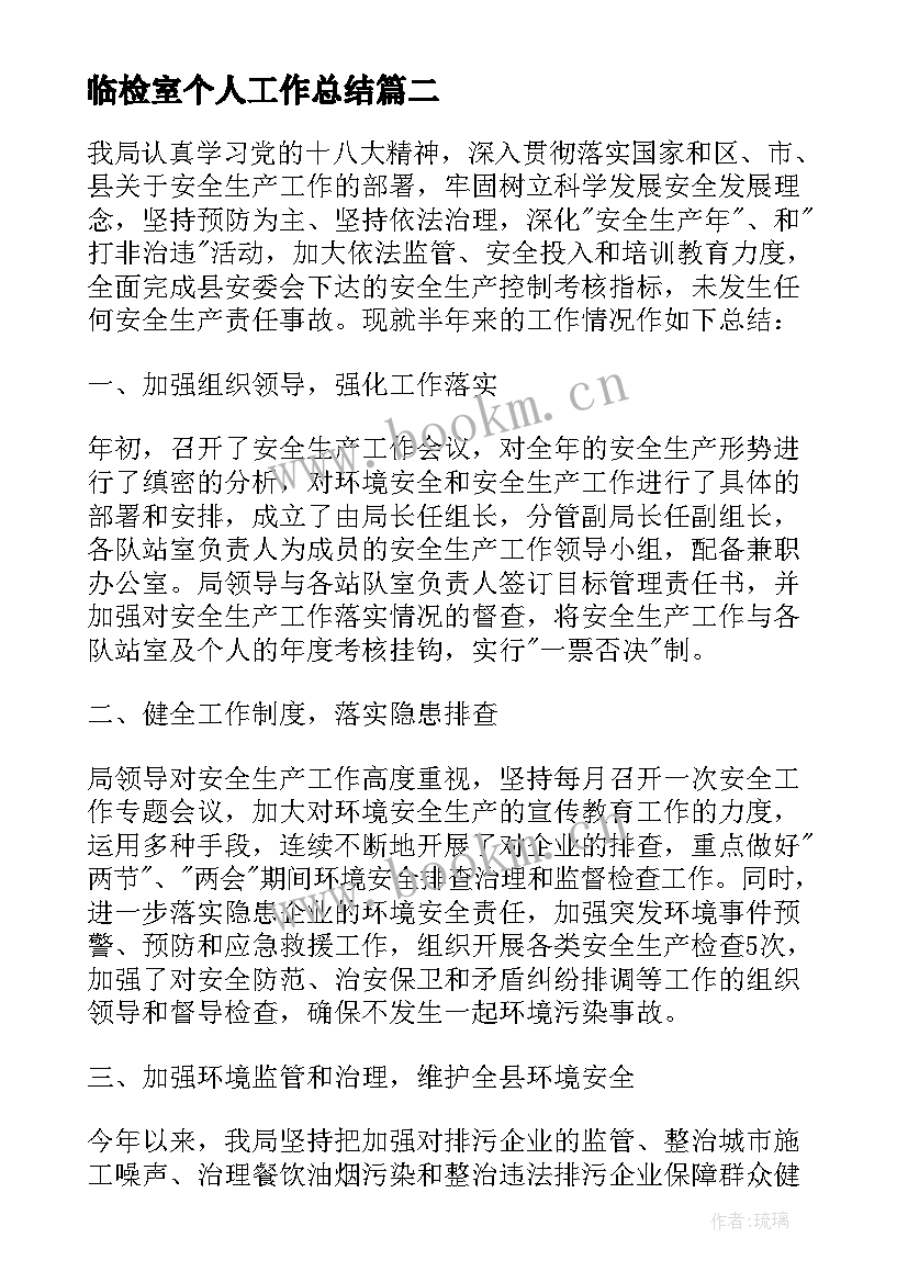 2023年临检室个人工作总结(实用10篇)