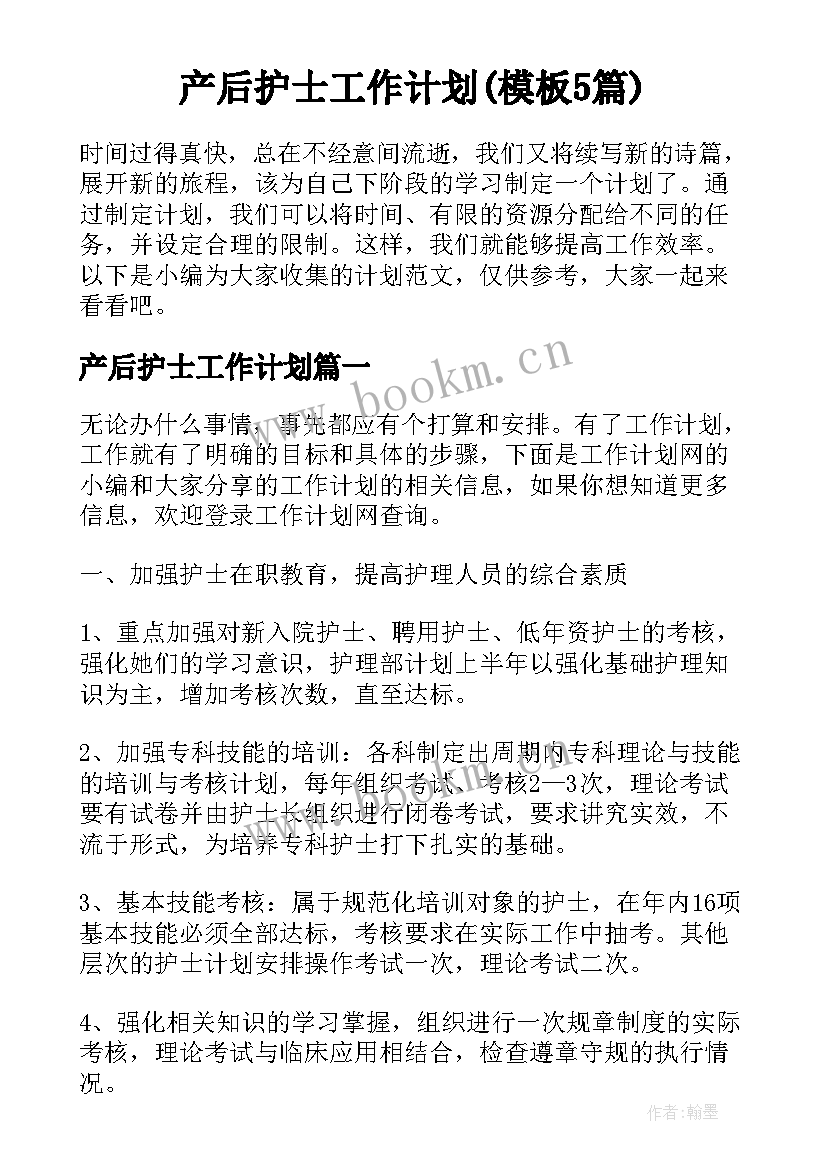 产后护士工作计划(模板5篇)