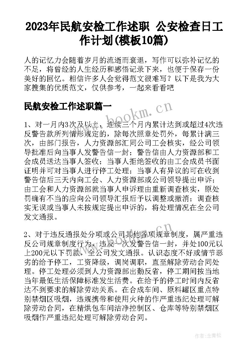 2023年民航安检工作述职 公安检查日工作计划(模板10篇)