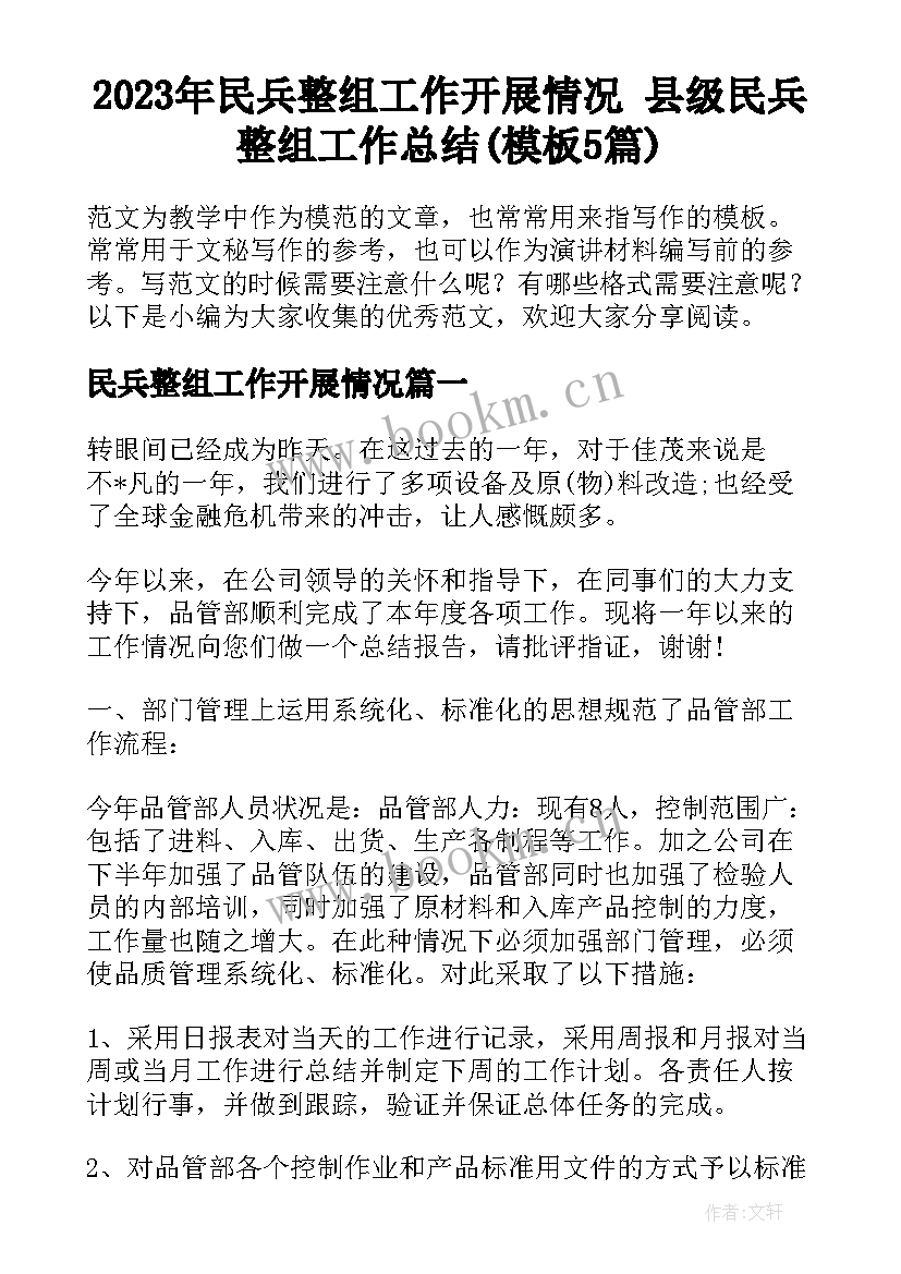 2023年民兵整组工作开展情况 县级民兵整组工作总结(模板5篇)