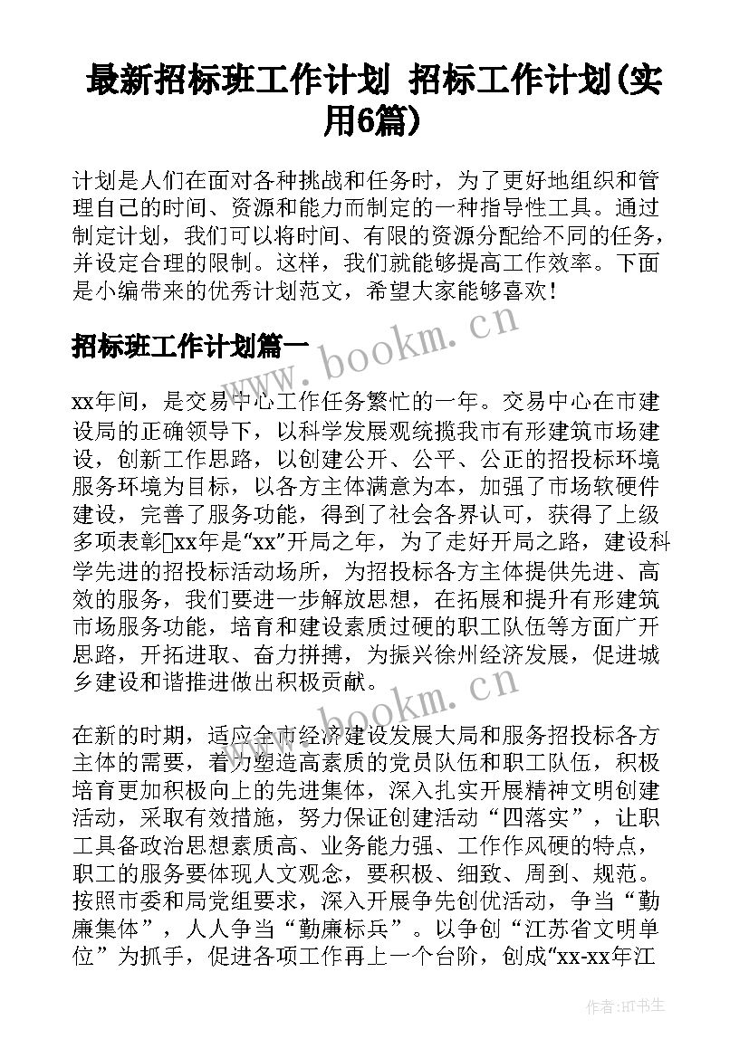 最新招标班工作计划 招标工作计划(实用6篇)