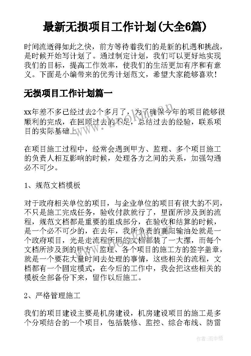 最新无损项目工作计划(大全6篇)