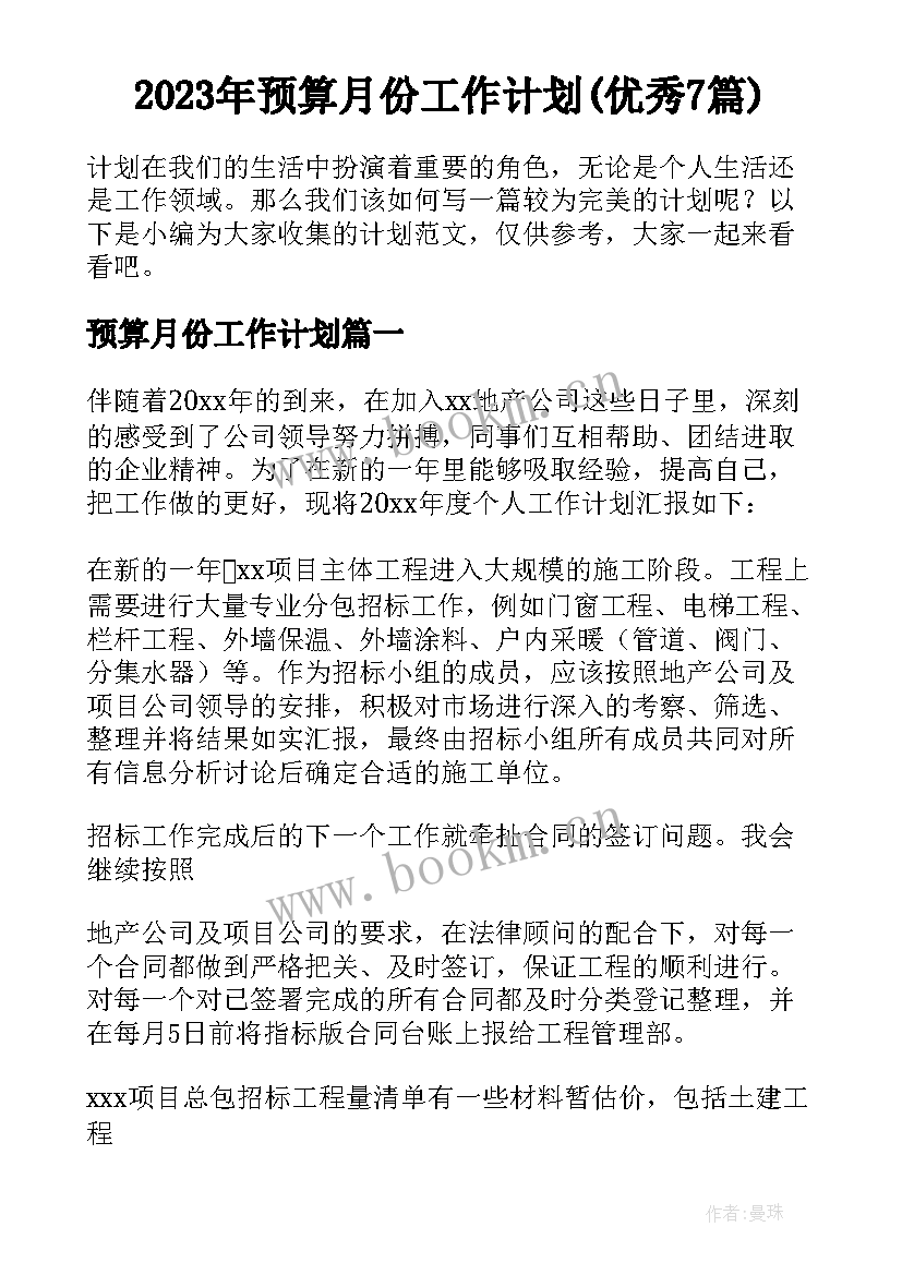 2023年预算月份工作计划(优秀7篇)