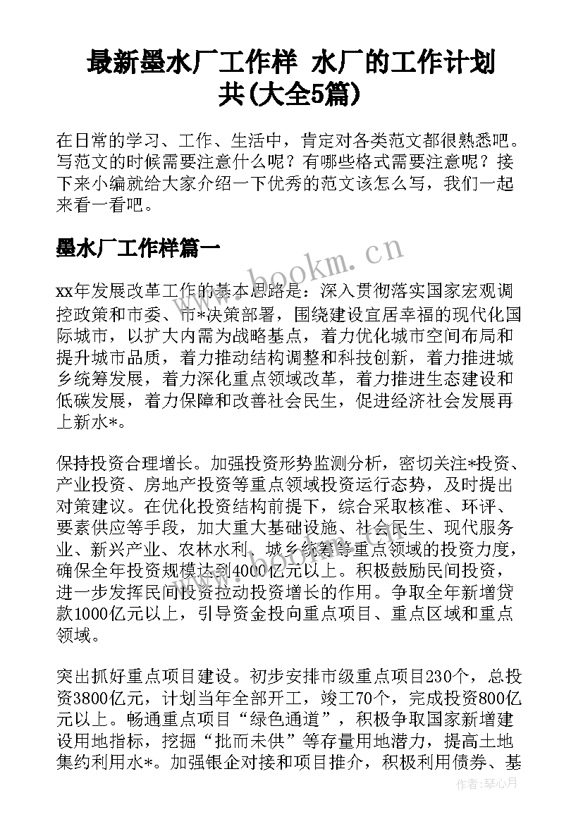 最新墨水厂工作样 水厂的工作计划共(大全5篇)