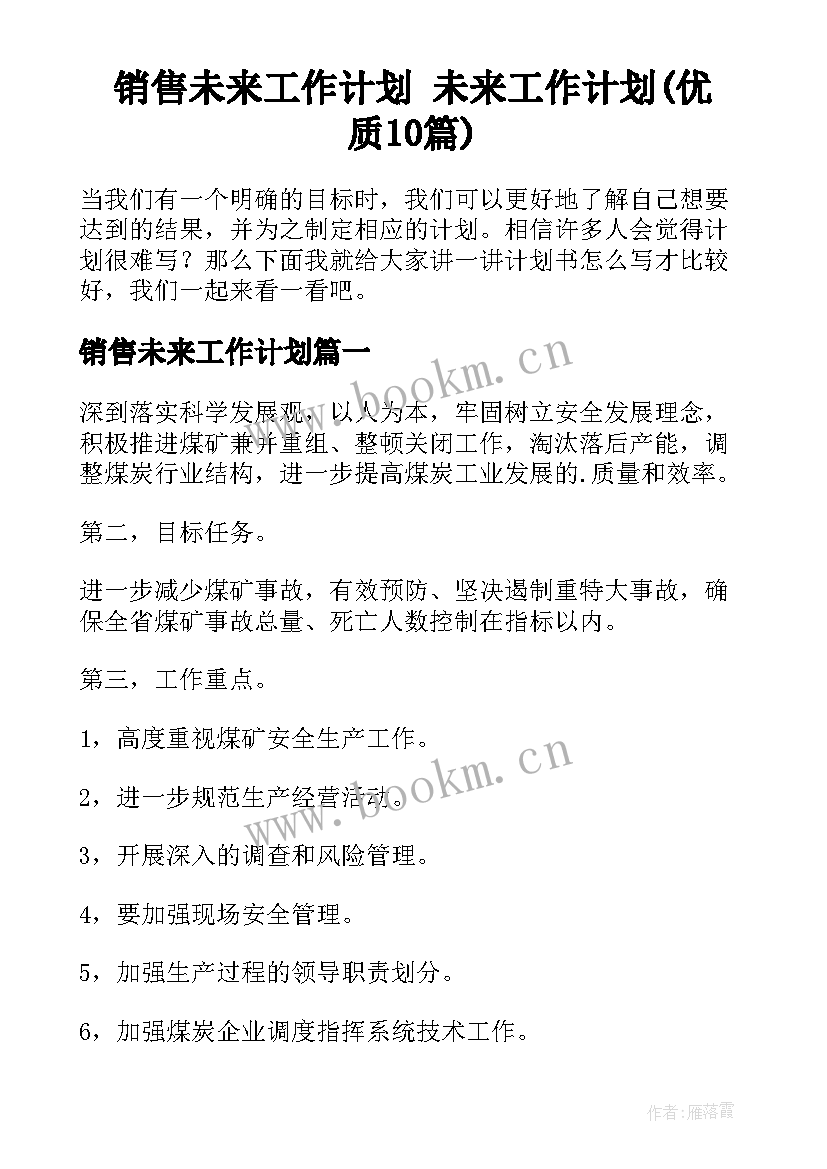 销售未来工作计划 未来工作计划(优质10篇)