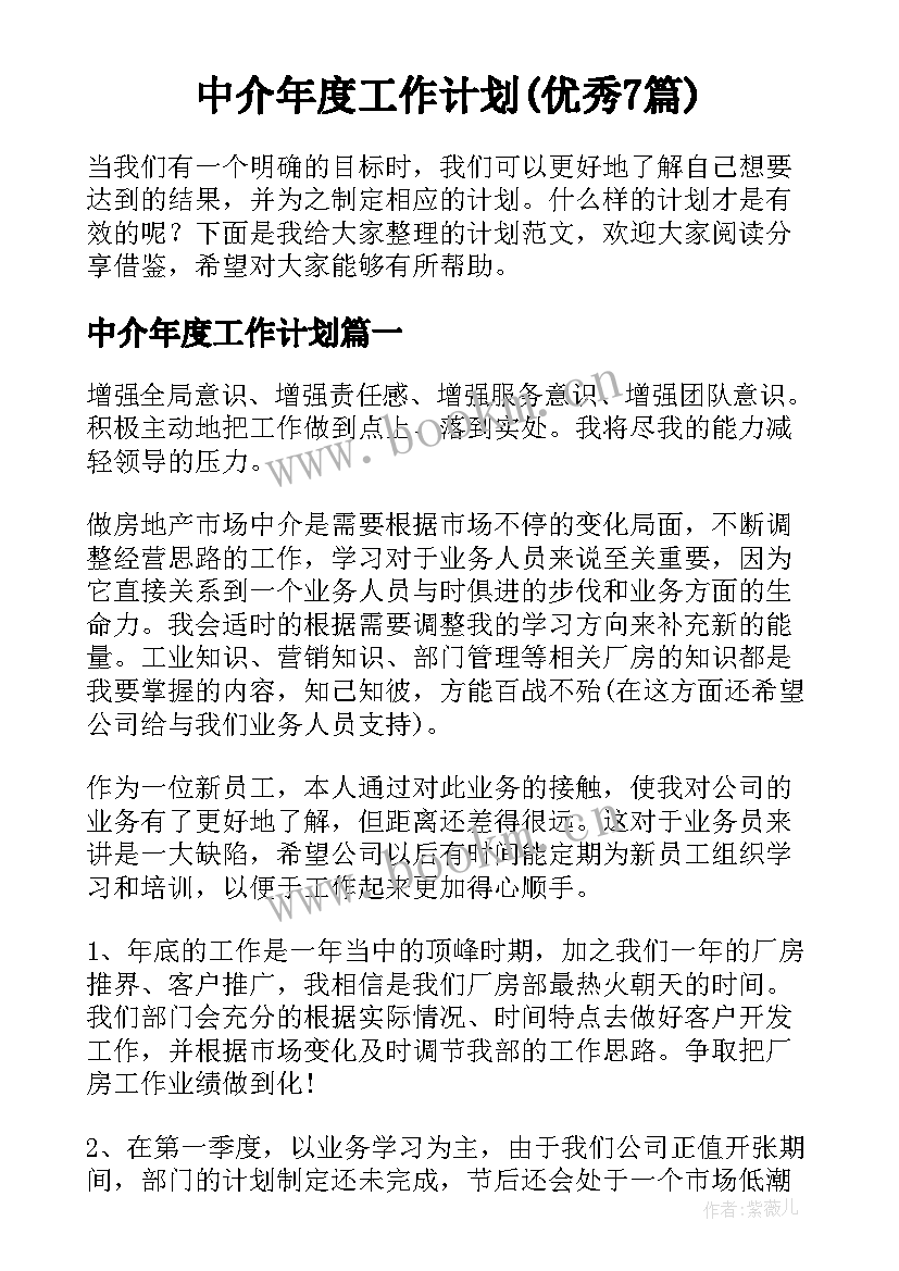 中介年度工作计划(优秀7篇)