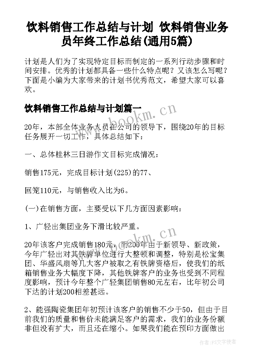 饮料销售工作总结与计划 饮料销售业务员年终工作总结(通用5篇)