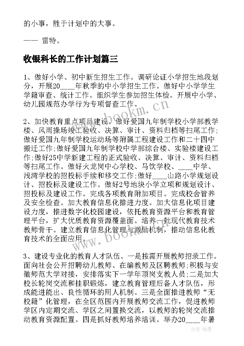 2023年收银科长的工作计划(优质6篇)