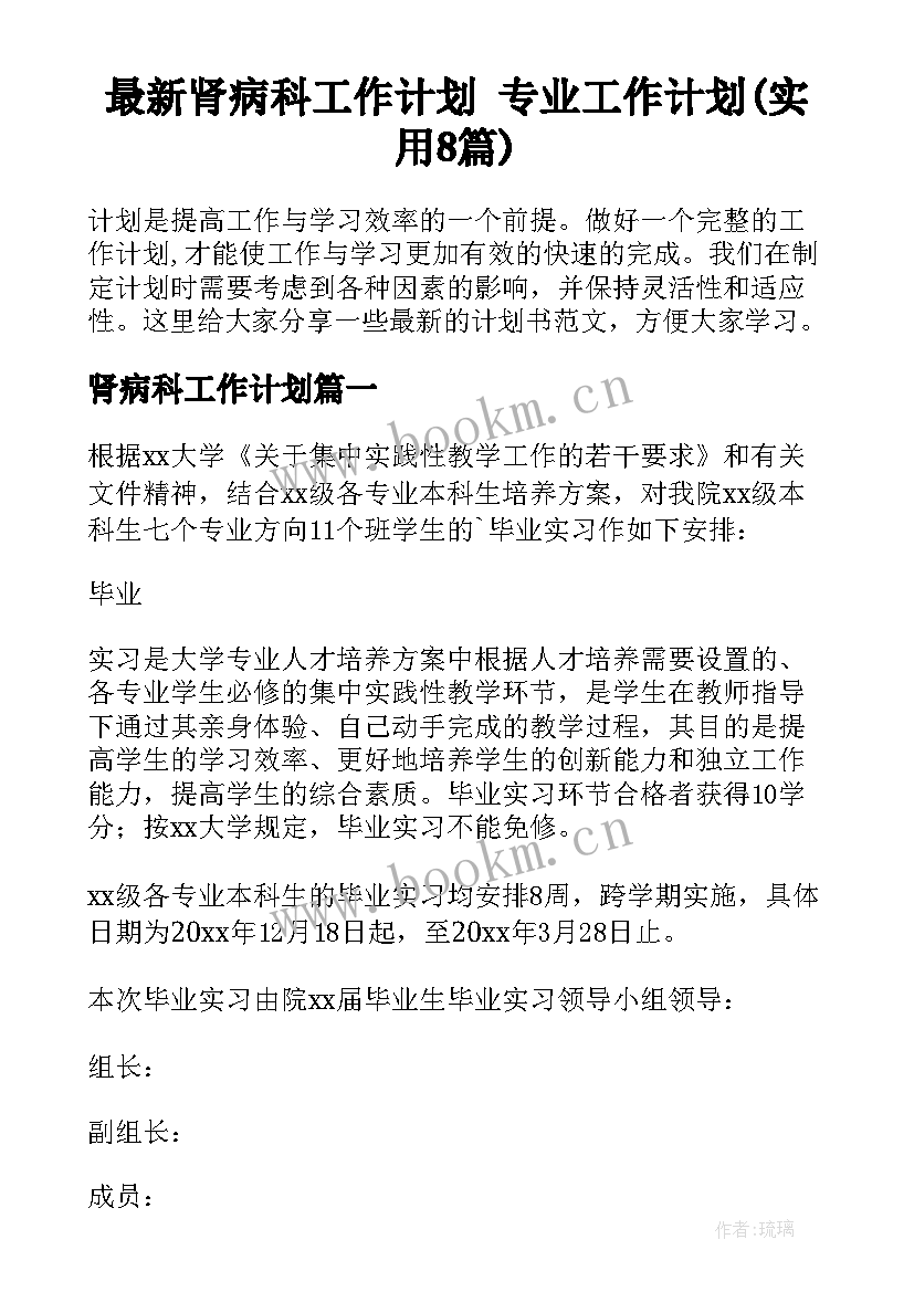 最新肾病科工作计划 专业工作计划(实用8篇)