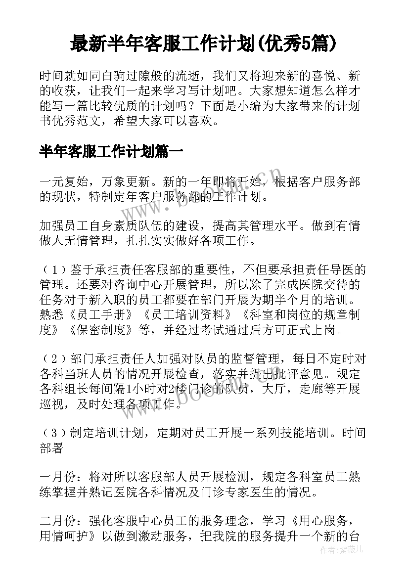 最新半年客服工作计划(优秀5篇)