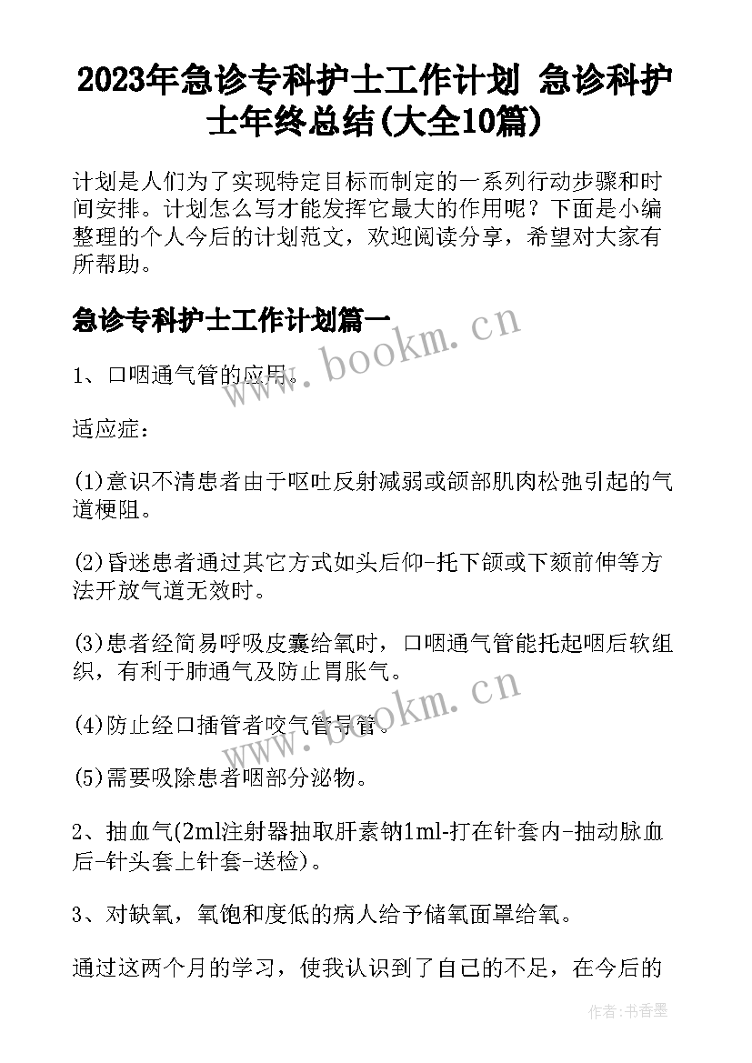 2023年急诊专科护士工作计划 急诊科护士年终总结(大全10篇)