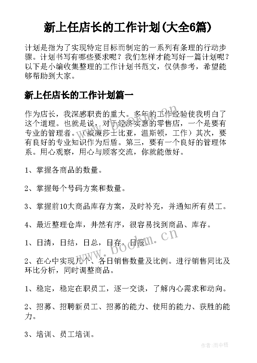 新上任店长的工作计划(大全6篇)