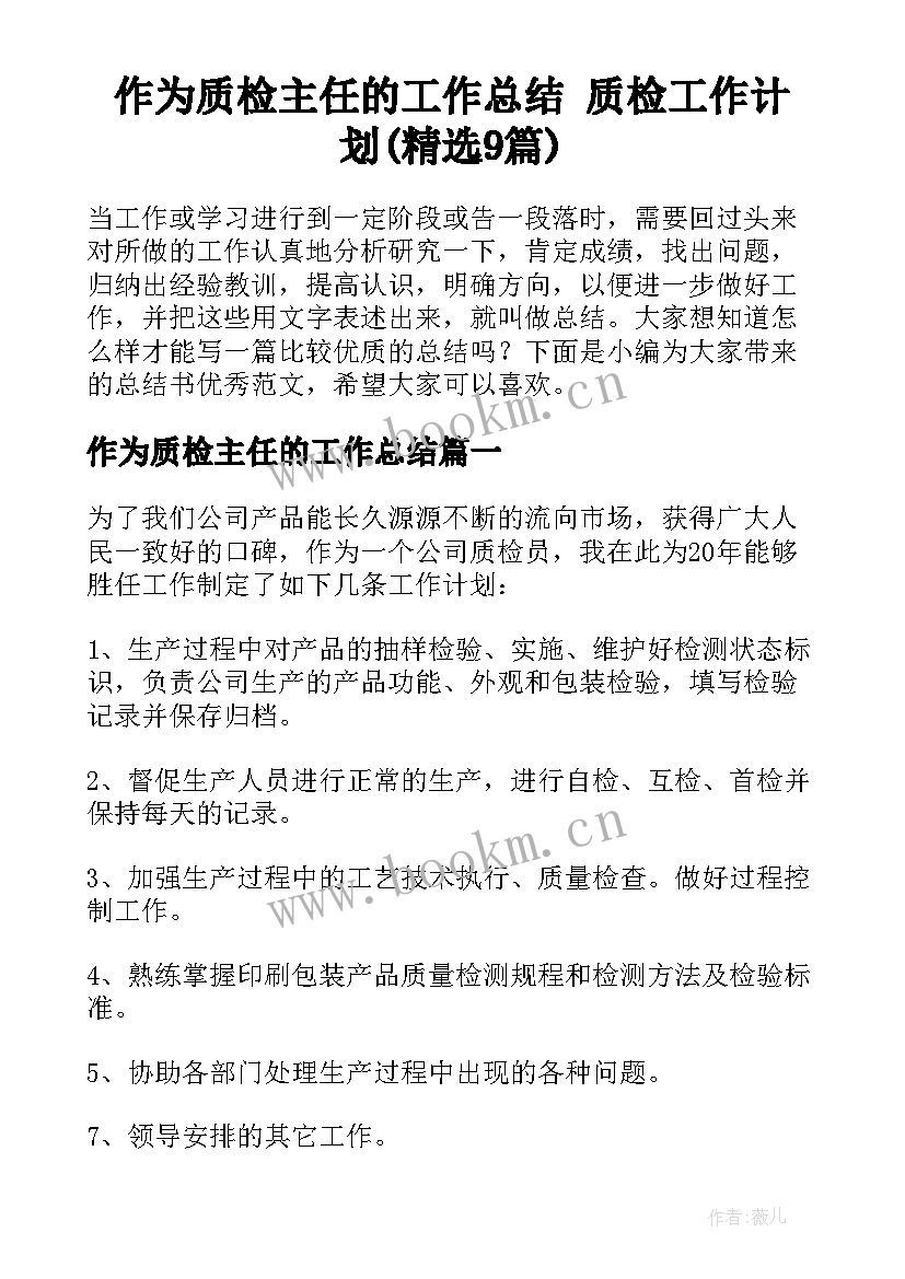 作为质检主任的工作总结 质检工作计划(精选9篇)