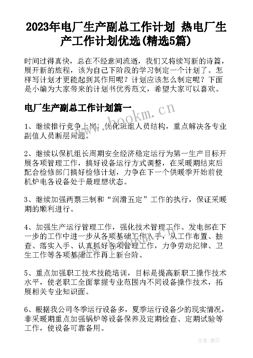 2023年电厂生产副总工作计划 热电厂生产工作计划优选(精选5篇)