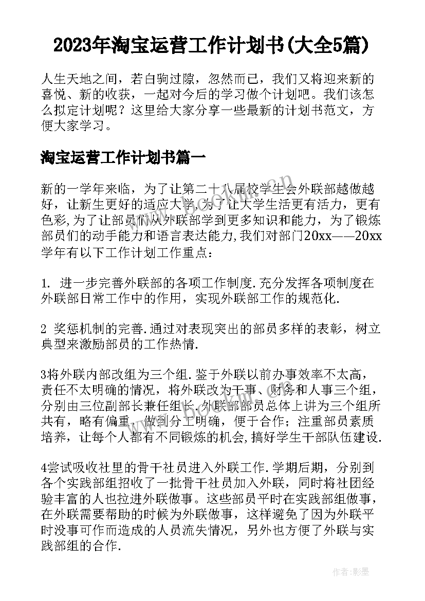 2023年淘宝运营工作计划书(大全5篇)