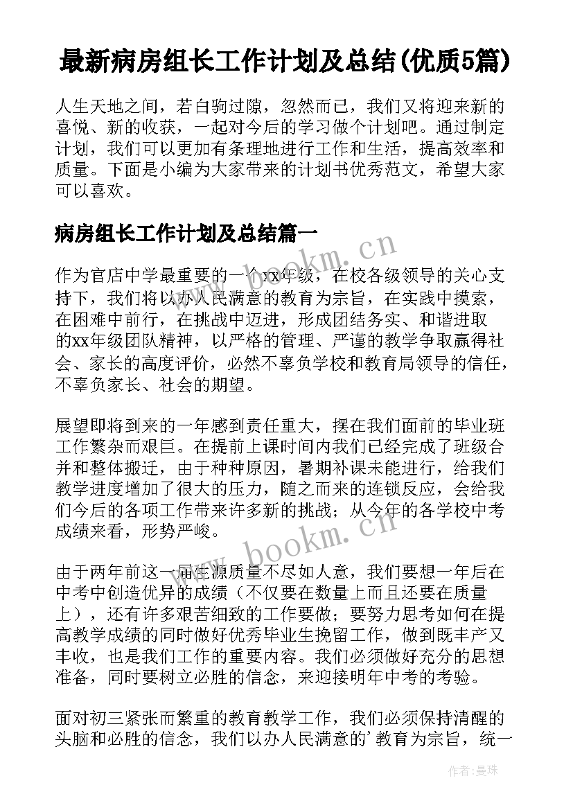 最新病房组长工作计划及总结(优质5篇)