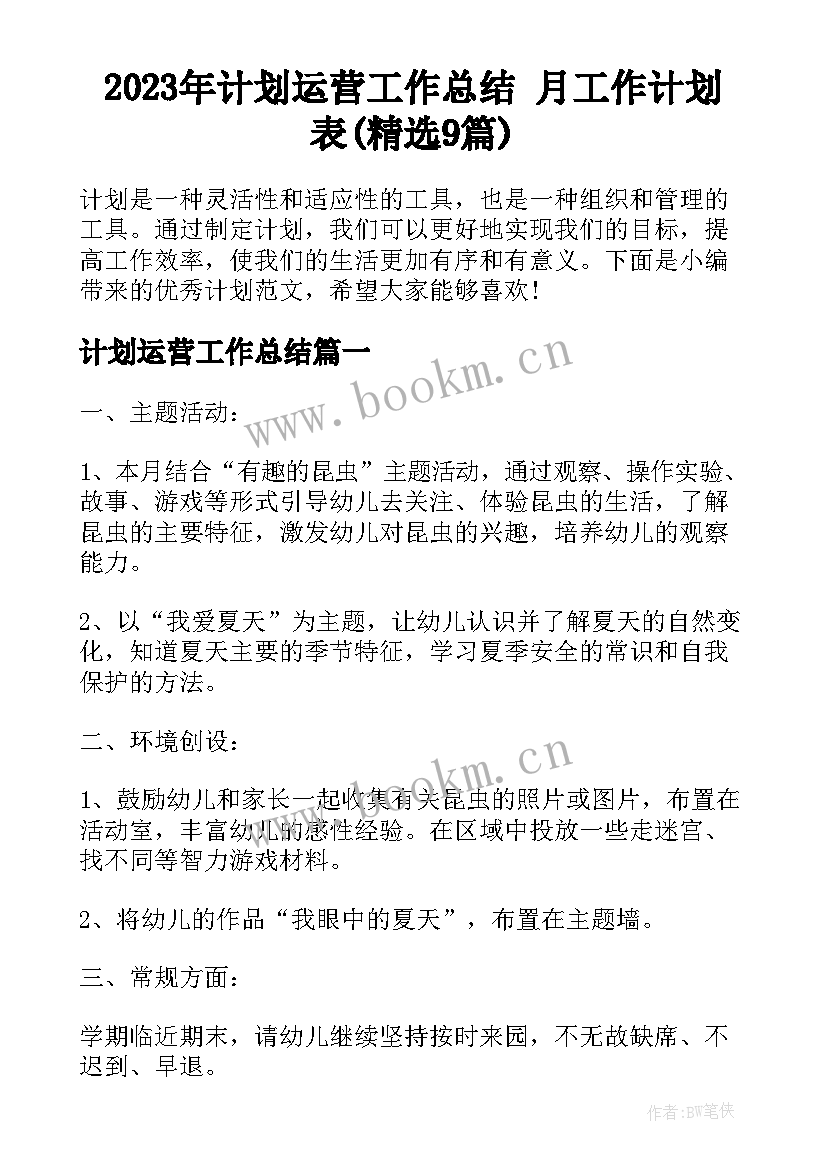 2023年计划运营工作总结 月工作计划表(精选9篇)