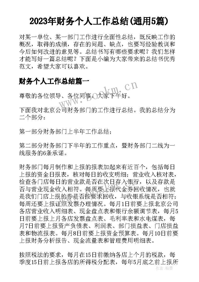 2023年财务个人工作总结(通用5篇)