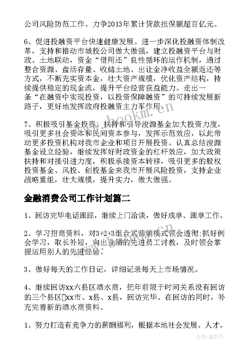 金融消费公司工作计划(精选5篇)