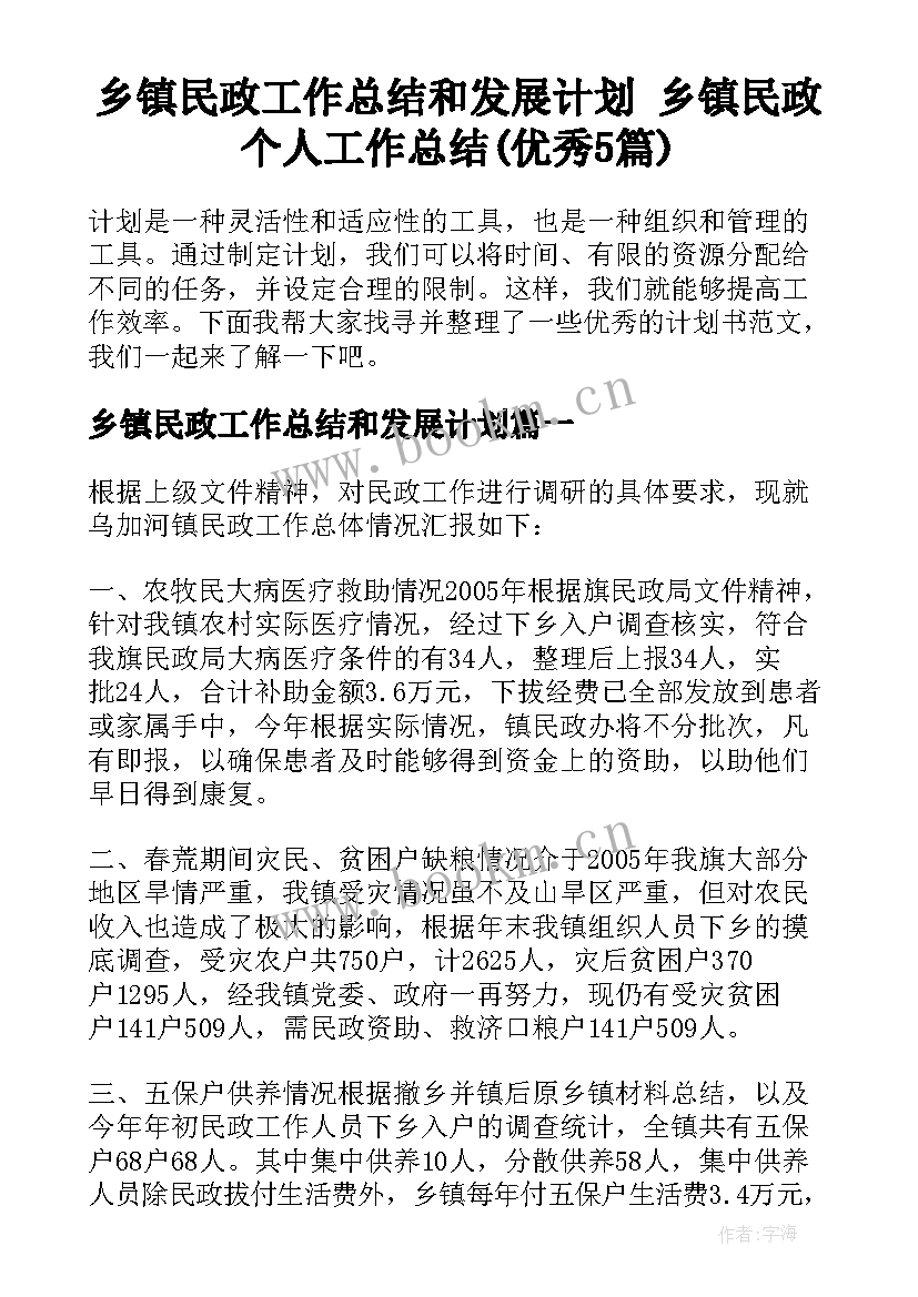 乡镇民政工作总结和发展计划 乡镇民政个人工作总结(优秀5篇)