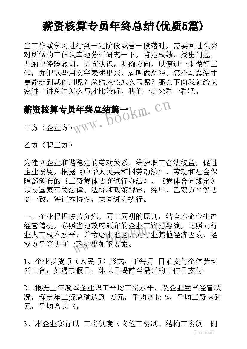 薪资核算专员年终总结(优质5篇)