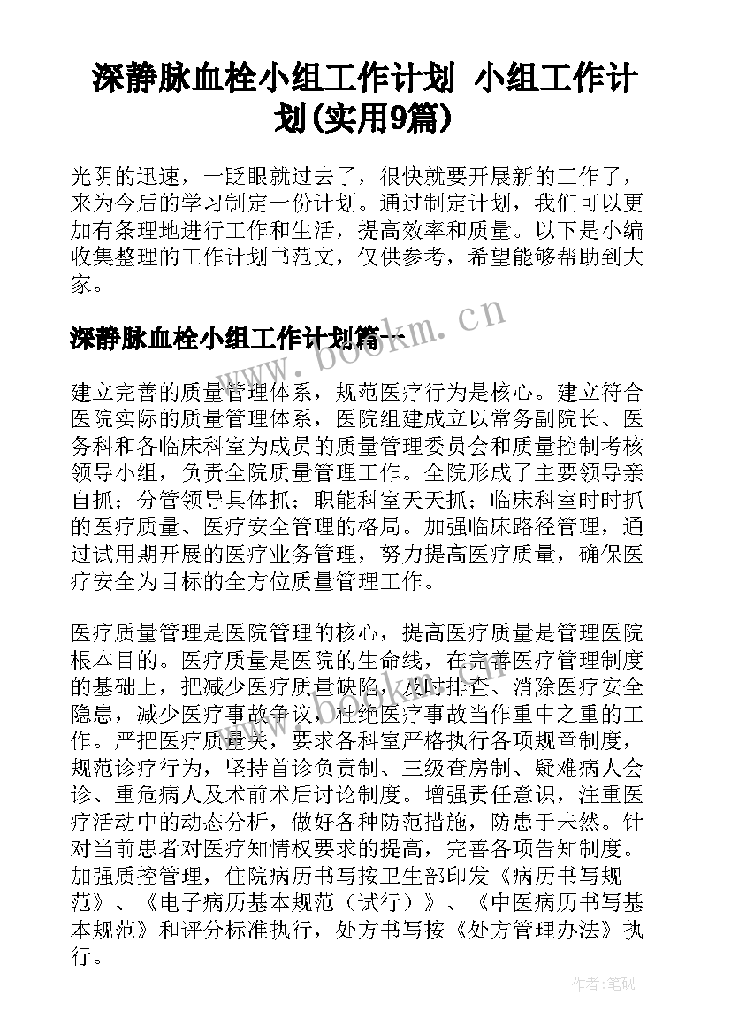 深静脉血栓小组工作计划 小组工作计划(实用9篇)