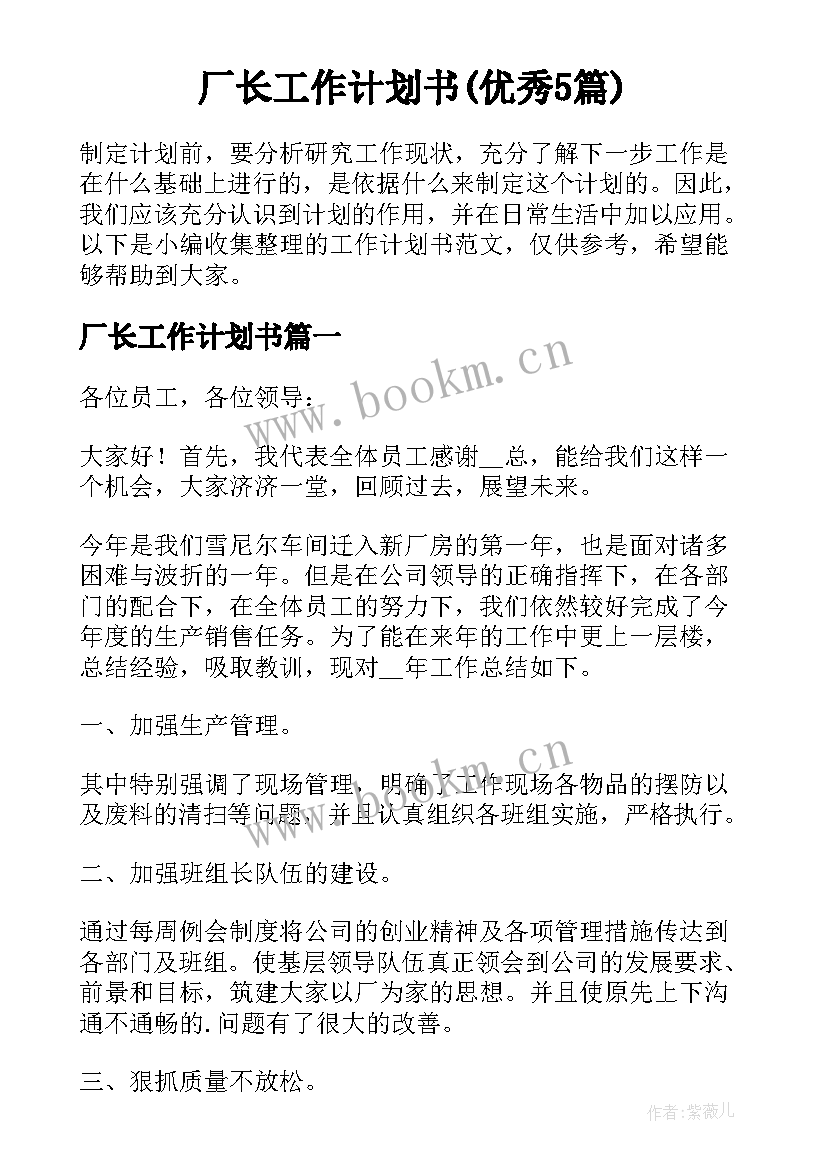 厂长工作计划书(优秀5篇)