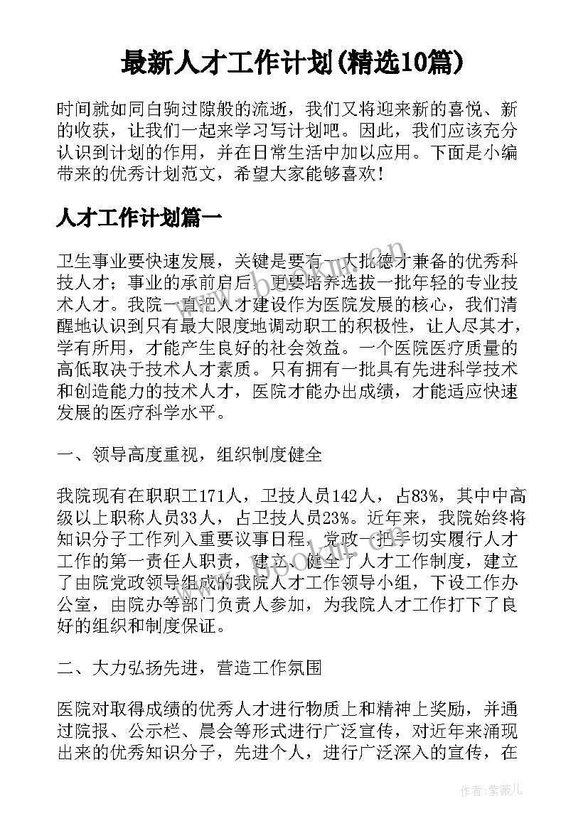 最新人才工作计划(精选10篇)