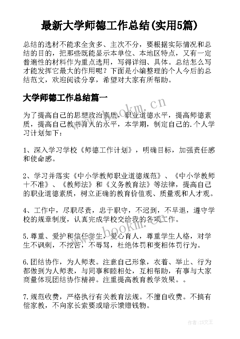 最新大学师德工作总结(实用5篇)