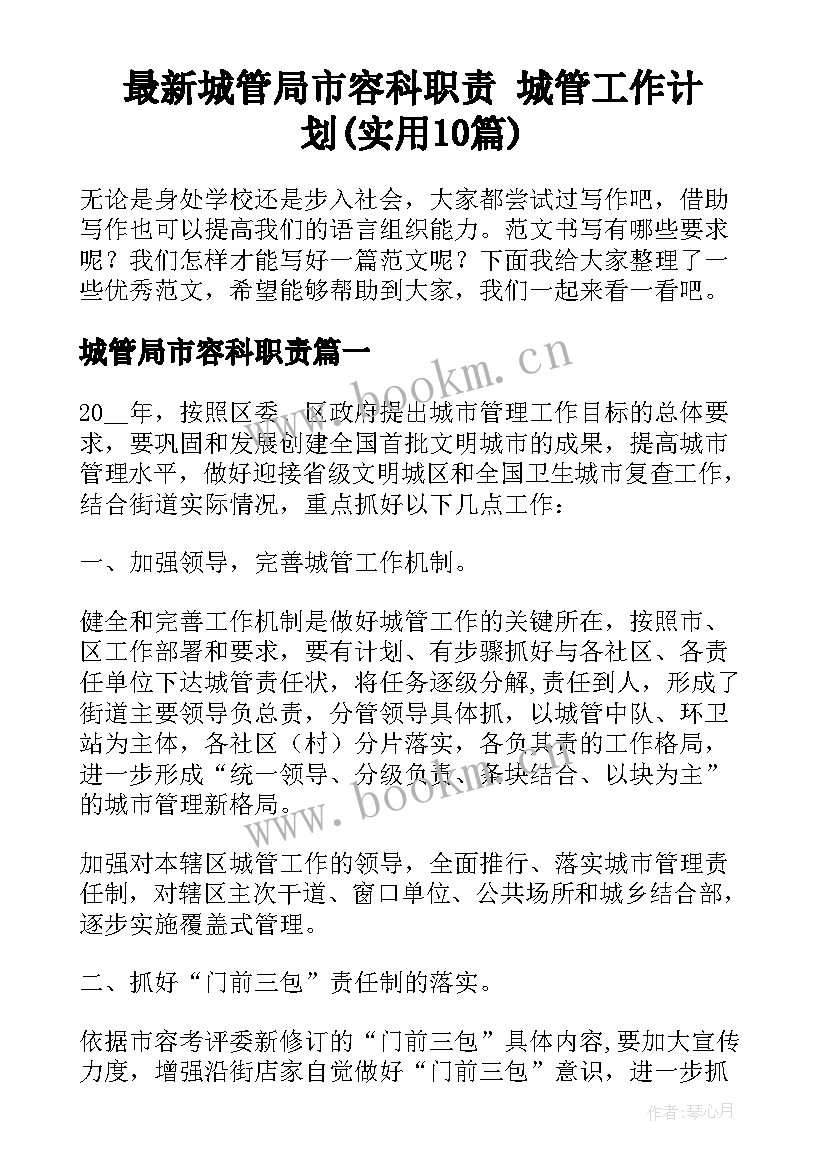 最新城管局市容科职责 城管工作计划(实用10篇)