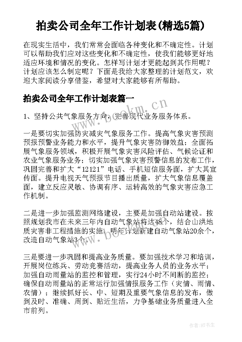 拍卖公司全年工作计划表(精选5篇)