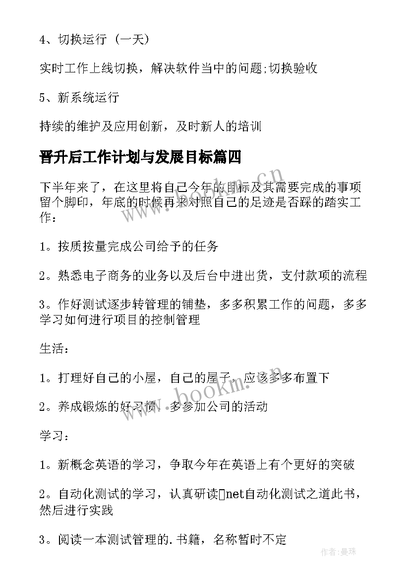 晋升后工作计划与发展目标(实用5篇)