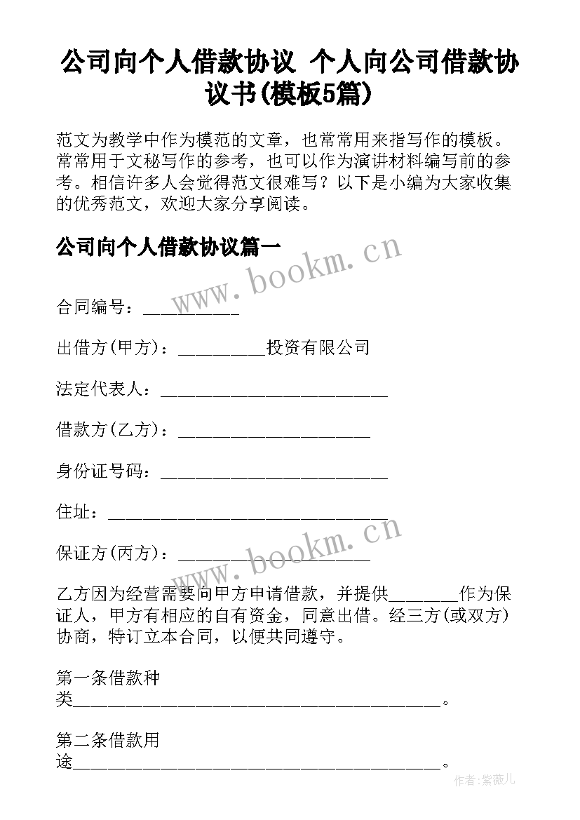 公司向个人借款协议 个人向公司借款协议书(模板5篇)