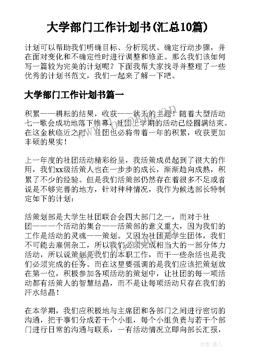 大学部门工作计划书(汇总10篇)