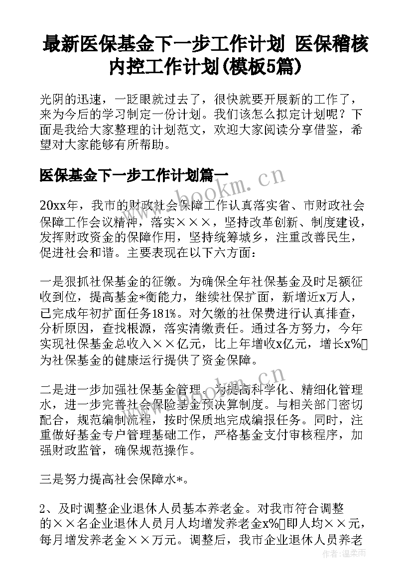 最新医保基金下一步工作计划 医保稽核内控工作计划(模板5篇)