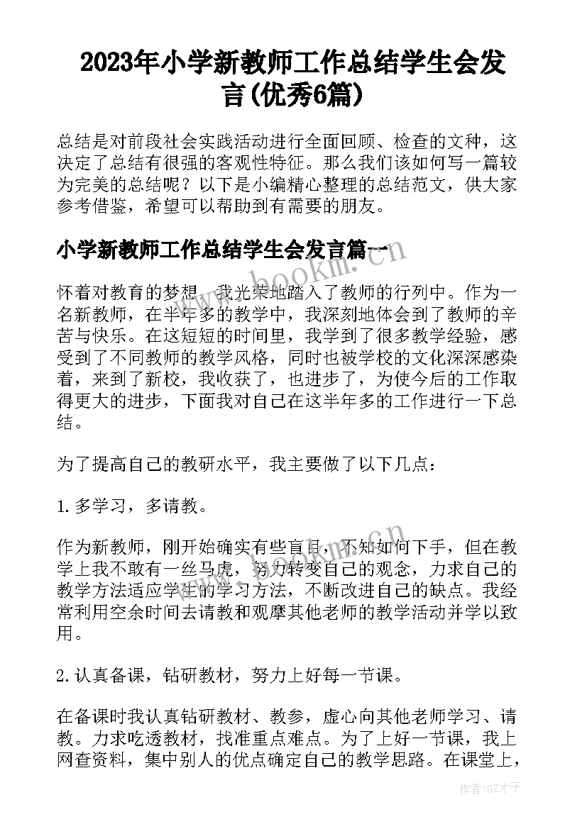 2023年小学新教师工作总结学生会发言(优秀6篇)