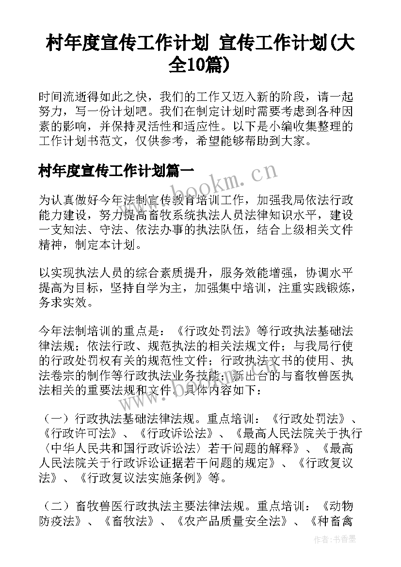 村年度宣传工作计划 宣传工作计划(大全10篇)